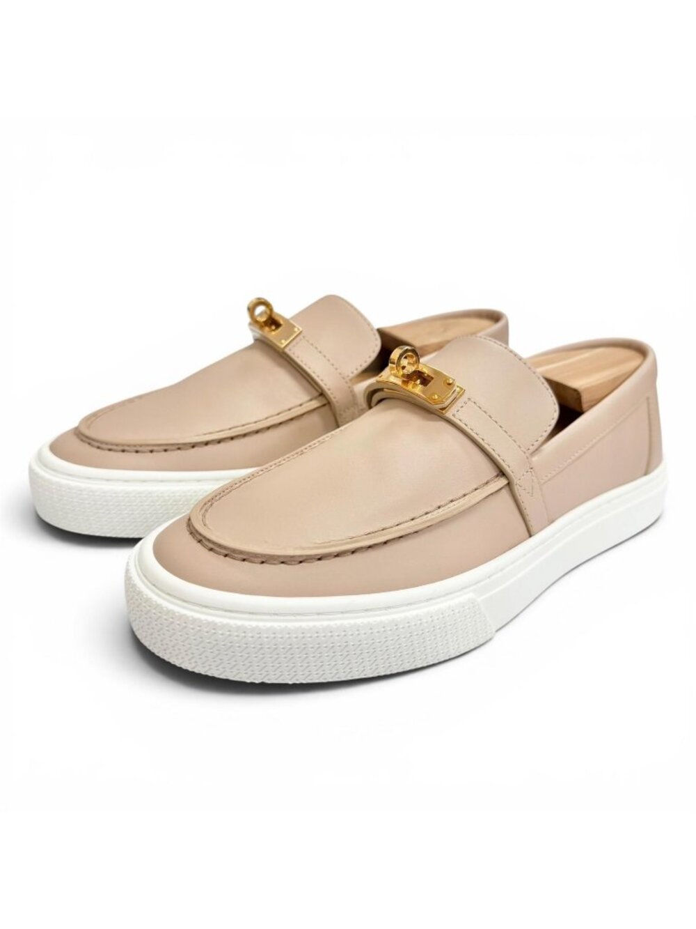Hermes Game Gold Kelly Buckle Leather Shoes Slip on Pink Beige